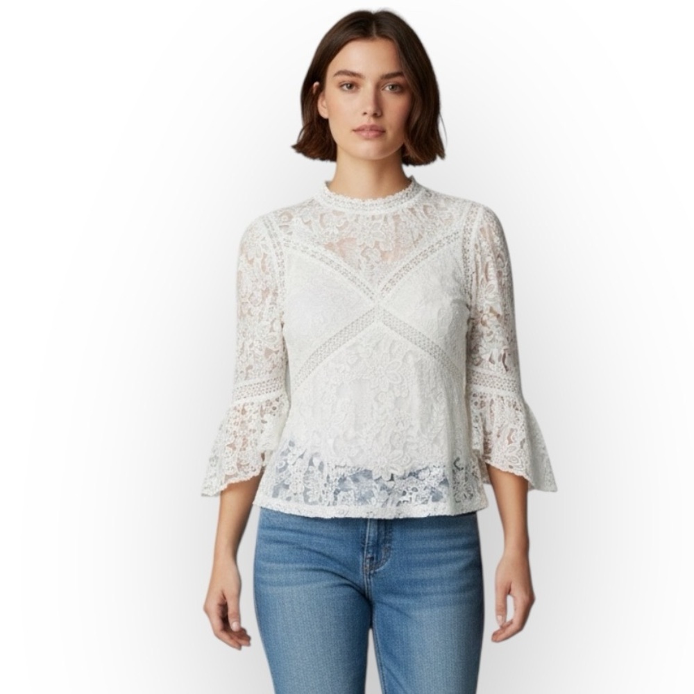 The Kooples Paris Mock Neck Lace Crochet Bell Sleeve Romantic Top Blouse 1 Small